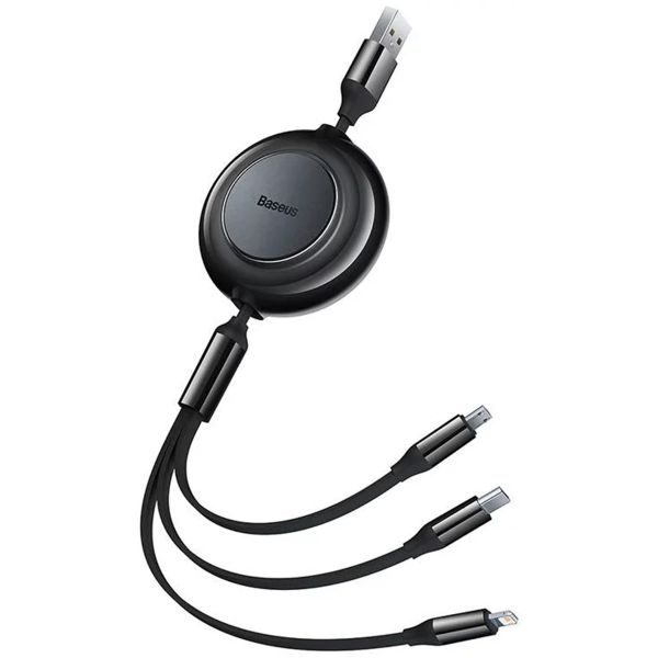 Baseus Bright Mirror 2 Series 3-in-1 oprolbare kabel - USB-A naar USB-C / Lightning / Micro USB - Zwart