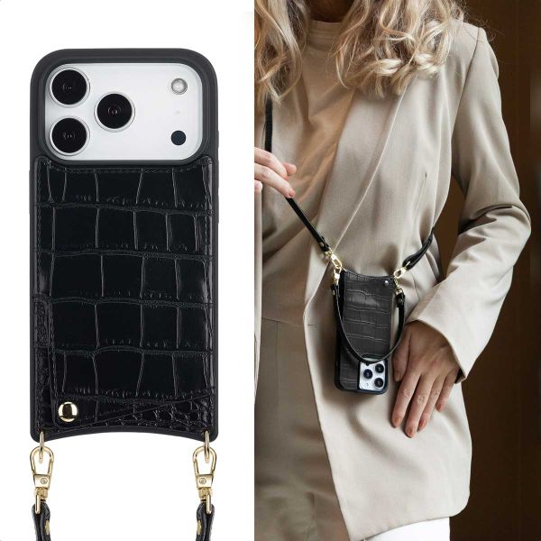 Selencia Nova Croco Phone Case with Cord and Card Holder Apple iPhone 17 Pro - Black