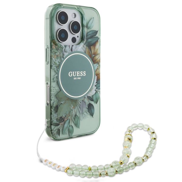 Guess MagSafe IML Flowers Case met beads strap iPhone 16 Pro - Green