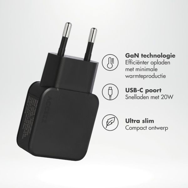 imoshion Powerbank 20.000 mAh + Accezz Ultra Slim GaN Oplader + Accezz USB-C naar USB-C kabel - 1 meter - Zwart