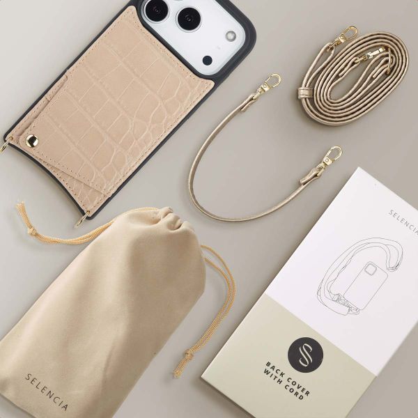 Selencia Nova Croco Phone Case with Cord and Card Holder Apple iPhone 17 Pro - Beige
