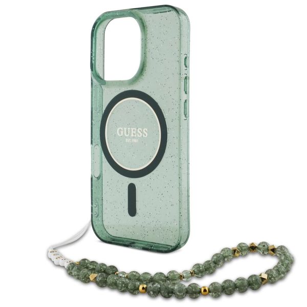 Guess MagSafe IML Glitter Case met beads strap iPhone 16 Pro - Green