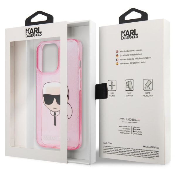 Karl Lagerfeld Karl's Head Silicone Backcover Glitter iPhone 13 Pro - Transparant Roze