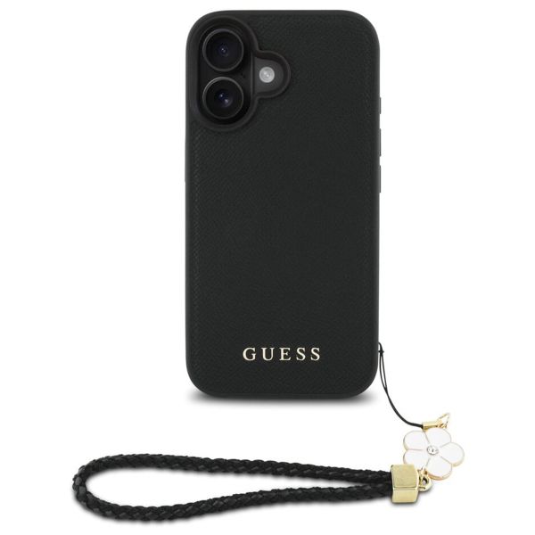 Guess Grained Backcover MagSafe met Flower Charm Strap Apple iPhone 16 - Zwart
