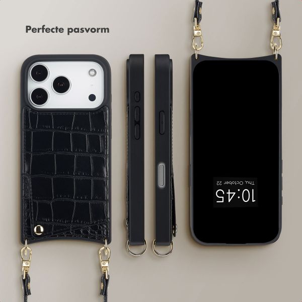 Selencia Nova Croco Telefoonhoes met Koord en Pashouder Apple iPhone 17 Pro - Zwart