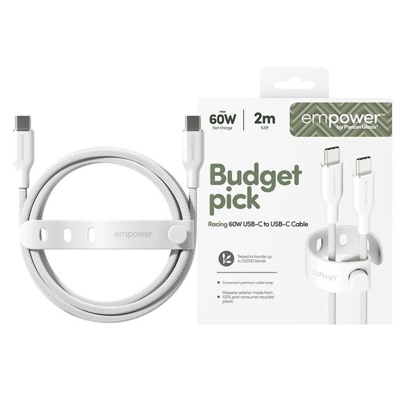 Empower by PanzerGlass Racing USB-C naar USB-C Oplaadkabel - 60W - 2 meter - Silver White