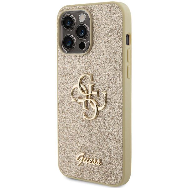 Guess 4G Metal Logo Glitter Backcover iPhone 15 Pro Max - Goud