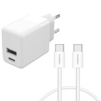 imoshion Oplader - USB-C en USB aansluiting - Power Delivery - 20 Watt + USB-C naar USB-C kabel - 2 meter - Wit