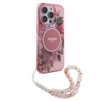 Guess MagSafe IML Flowers Case met beads strap iPhone 16 Pro Max - Pink