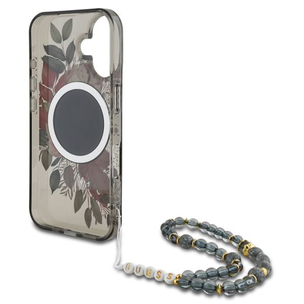 Guess MagSafe IML Flowers Case met beads strap Apple iPhone 16 - Zwart