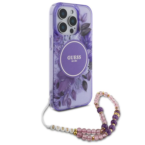 Guess MagSafe IML Flowers Case met beads strap Apple iPhone 15 Pro Max - Purple