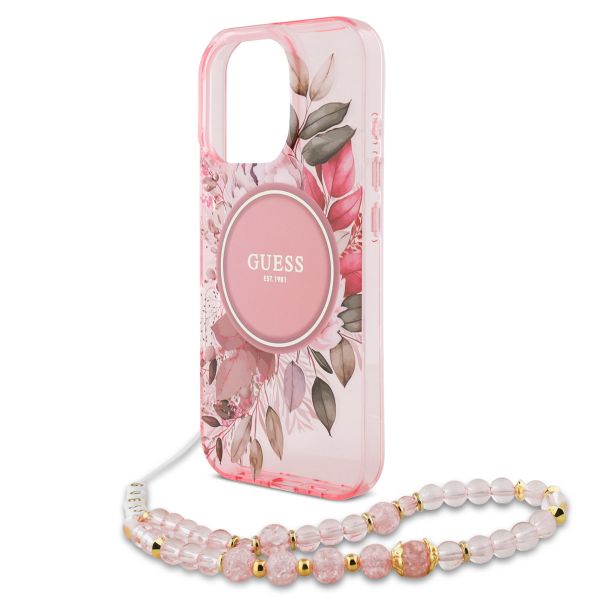 Guess MagSafe IML Flowers Case met beads strap Apple iPhone 15 Pro - Pink