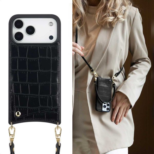 Selencia Nova Croco Telefoonhoes met Koord en Pashouder Apple iPhone 17 Pro Max - Zwart