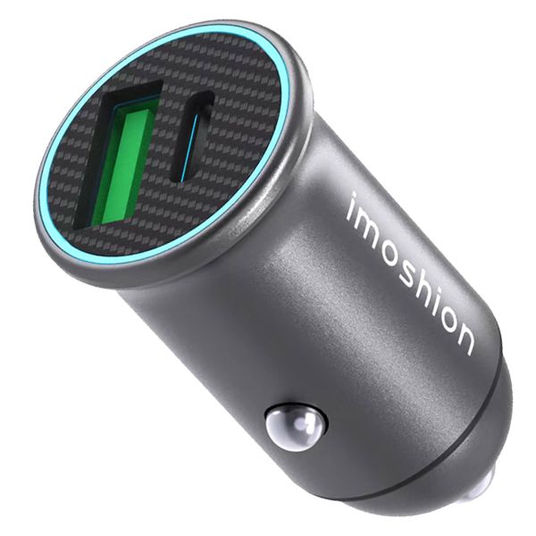 imoshion Mini autolader - 2 poorten - USB-A Quick Charge - USB-C Power Delivery - 60 Watt + Braided USB-A naar USB-C kabel - 0,5 meter - Zwart