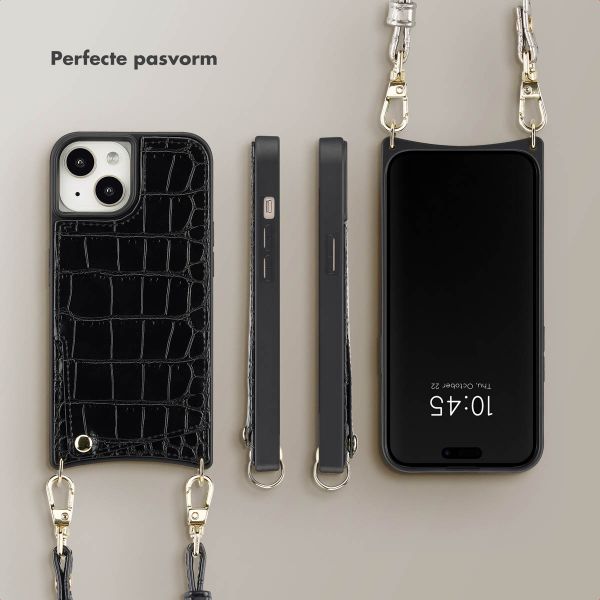 Selencia Nova Croco Backcover met koord en pashouder iPhone 15 - Black