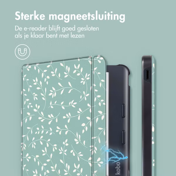 imoshion Design Slim Hard Case Sleepcover met stand Kobo Libra Colour - Smoke Green Flowers