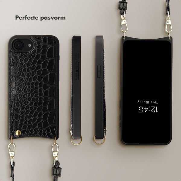 Selencia Nova Croco Telefoonhoes met Koord en Pashouder Apple iPhone 17e / 16e - Zwart