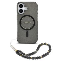Guess MagSafe IML Glitter Case met beads strap Apple iPhone 16 Pro Max - Zwart
