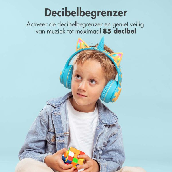 imoshion Kids Unicorn LED Light Bluetooth Headphones - Kinder koptelefoon met decibelbegrenzer - Draadloze koptelefoon + AUX kabel - Soft Blue / Yellow