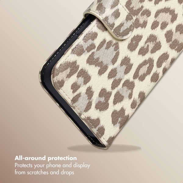 Selencia Sabi Bookcase with Leopard Print Apple iPhone 17e / 16e - Soft Ivory