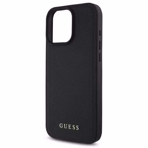 Guess Grained Backcover MagSafe met Flower Charm Strap Apple iPhone 16 Pro Max - Zwart