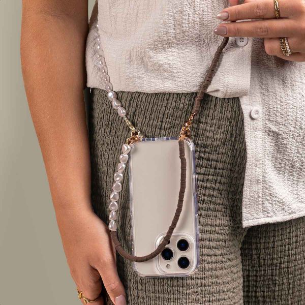 Selencia Telefoonkoorden set met Parels en Elastiekjes - Mocha Brown
