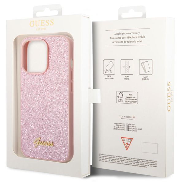 Guess Glitter Flakes Backcover iPhone 14 Pro Max - Roze