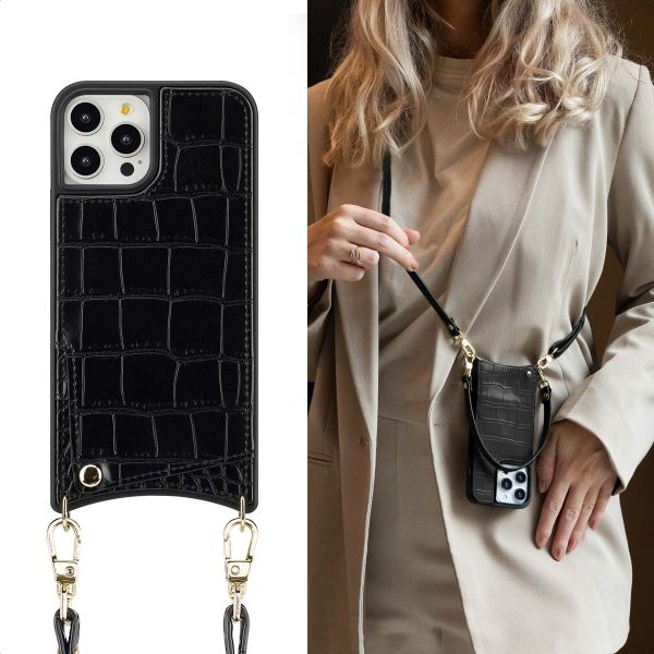 Selencia Nova Croco Phone Case with Cord and Card Holder Apple iPhone 12 (Pro) - Black