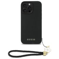 Guess Grained Backcover MagSafe met Flower Charm Strap Apple iPhone 16 Pro Max - Zwart