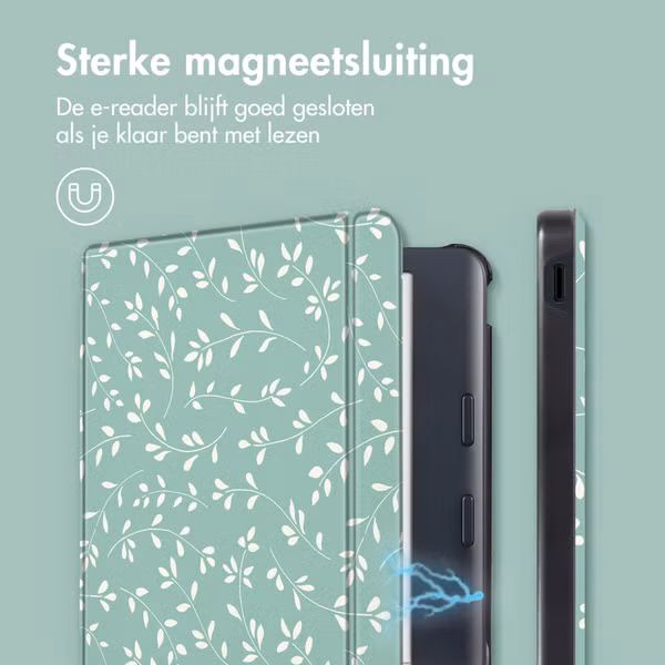 imoshion Design Slim Hard Case Sleepcover met stand Kobo Libra Colour - Smoke Green Flowers