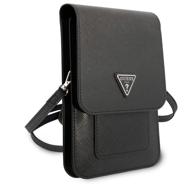 Guess Saffiano Triangle telefoontasje - Geschikt voor smartphones tot 7 inch - Zwart