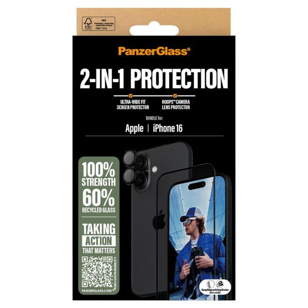 PanzerGlass 2 in 1 pack - Ultra-Wide Fit Anti-Bacterial Screenprotector incl. applicator + Camera Protector iPhone 16