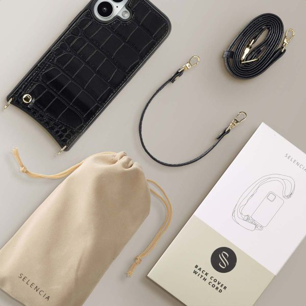 Selencia Nova Croco Phone Case with Cord and Card Holder Apple iPhone 16 - Black