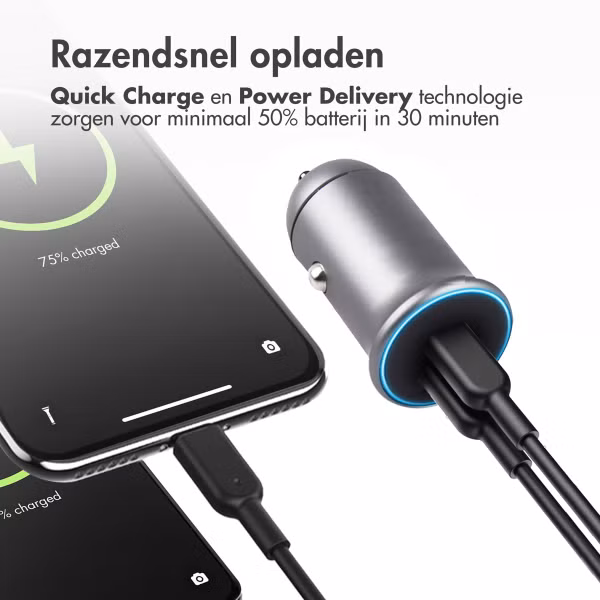 imoshion Mini autolader 2 poorten - Quick Charge - Power Delivery - 60 Watt + Braided USB-C naar USB-C kabel - 1 meter - Zwart