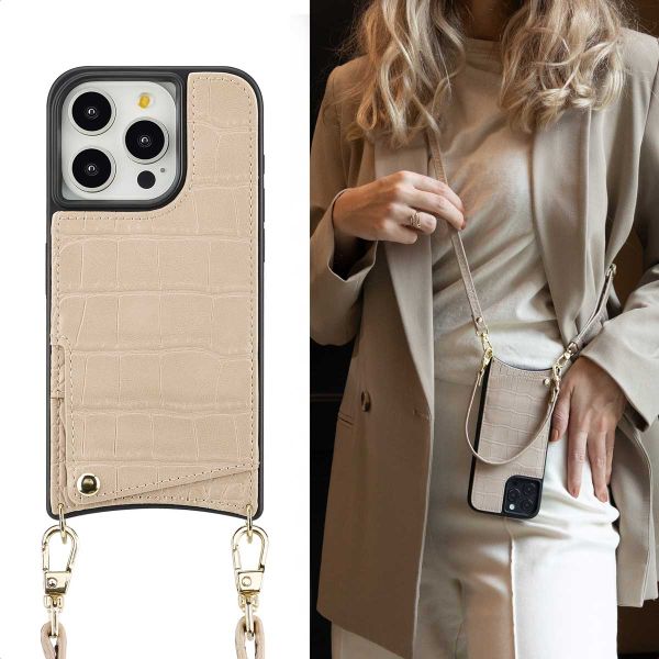 Selencia Nova Croco Phone Case with Cord and Card Holder Apple iPhone 15 Pro - Beige