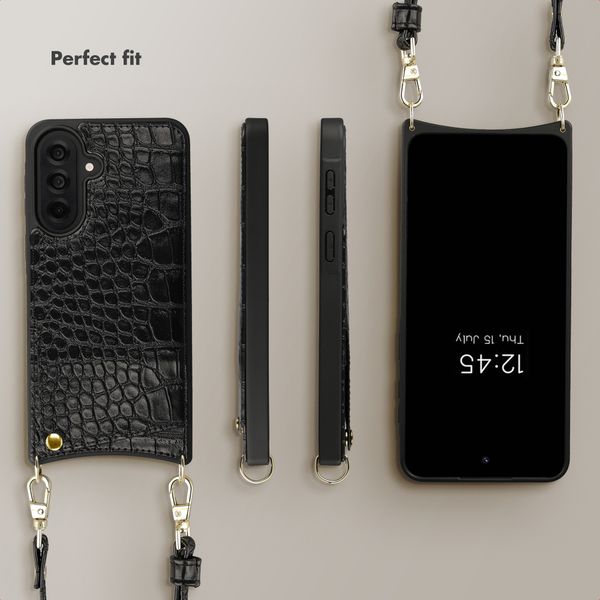 Selencia Nova Croco Phone Case with Cord and Card Holder Samsung Galaxy A37 (5G) - Black