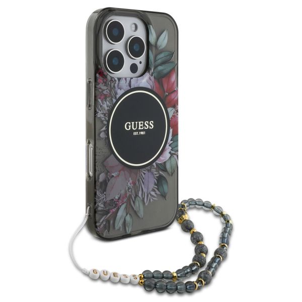 Guess MagSafe IML Flowers Case met beads strap iPhone 16 Pro - Black