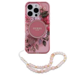 Guess MagSafe IML Flowers Case met beads strap Apple iPhone 16 Pro - Pink