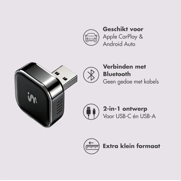 imoshion Mini 2-in-1 Auto Dongle - Draadloze CarPlay en Android Auto - Zwart