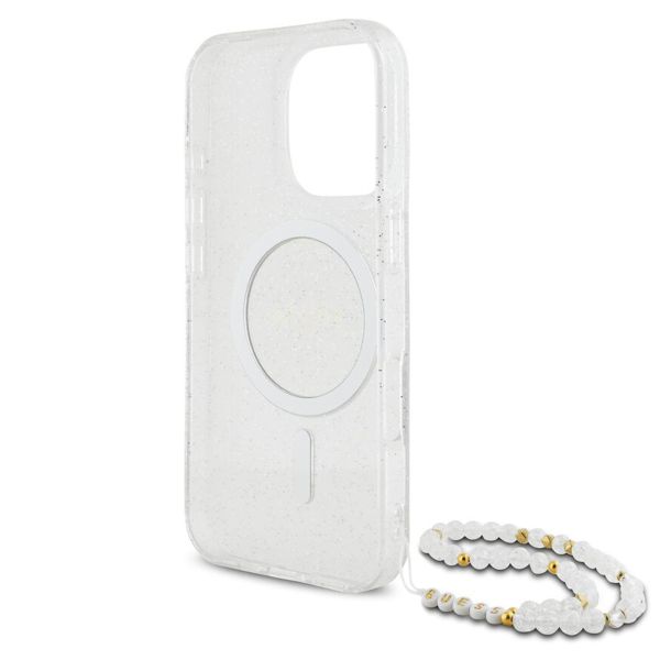 Guess MagSafe IML Glitter Case met beads strap Apple iPhone 16 Pro - Transparent