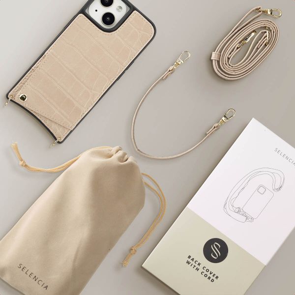Selencia Nova Croco Phone Case with Cord and Card Holder Apple iPhone 15 - Beige