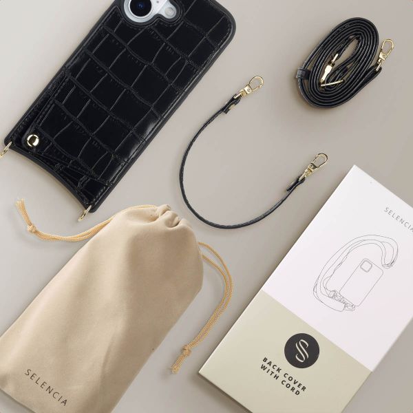 Selencia Nova Croco Telefoonhoes met Koord en Pashouder Apple iPhone 17 - Zwart
