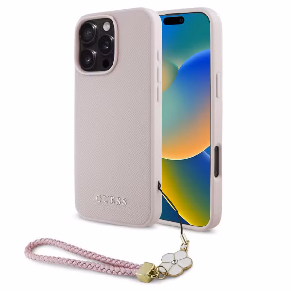 Guess Grained Backcover MagSafe met Flower Charm Strap Apple iPhone 16 Pro Max - Roze