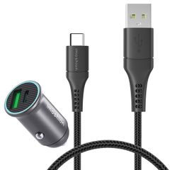 imoshion Mini autolader snellaadbundel - 2 poorten - USB-A Quick Charge - USB-C Power Delivery - 60 Watt + Braided USB-A naar USB-C kabel - 0,5 meter - Zwart