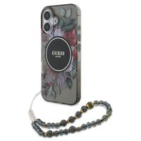 Guess MagSafe IML Flowers Case met beads strap Apple iPhone 16 - Zwart
