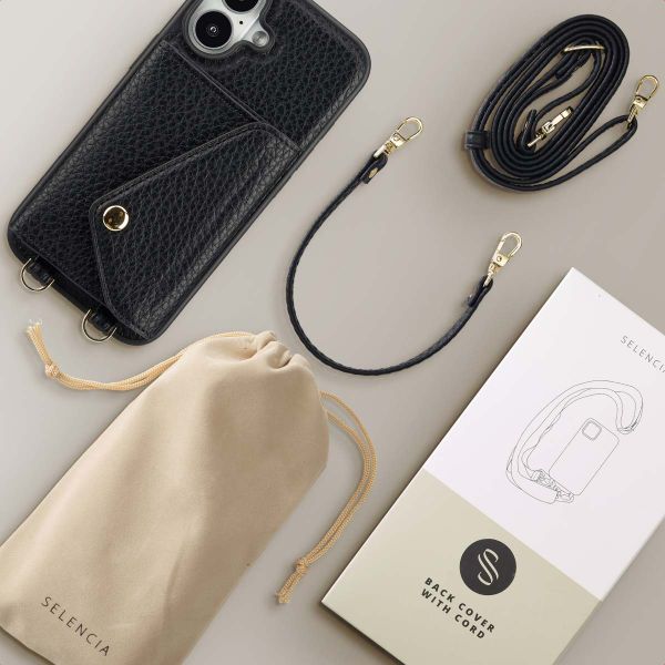 Selencia Sera Phone Case with Cord and Envelope Card Holder Apple iPhone 16 - Black