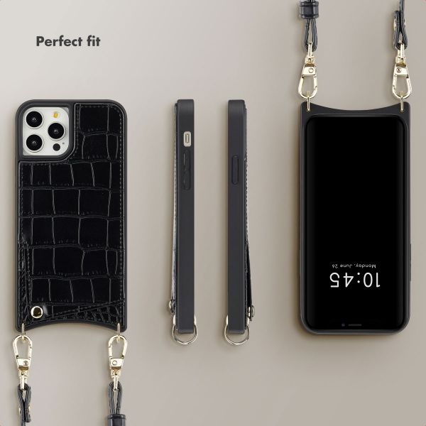 Selencia Nova Croco Phone Case with Cord and Card Holder Apple iPhone 12 (Pro) - Black