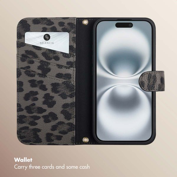 Selencia Sabi Bookcase with Leopard Print Apple iPhone 16 - Midnight Black