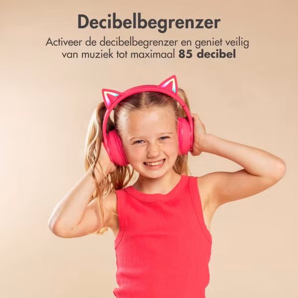 imoshion Draadloze Kinderkoptelefoon LED Light Cat Ear - Decibelbegrenzer - Met AUX kabel - Hot Pink