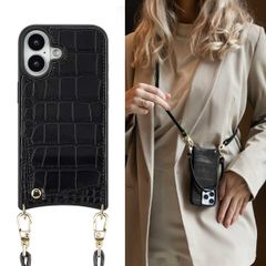 Selencia Nova Croco Backcover met koord en pashouder iPhone 16 - Black